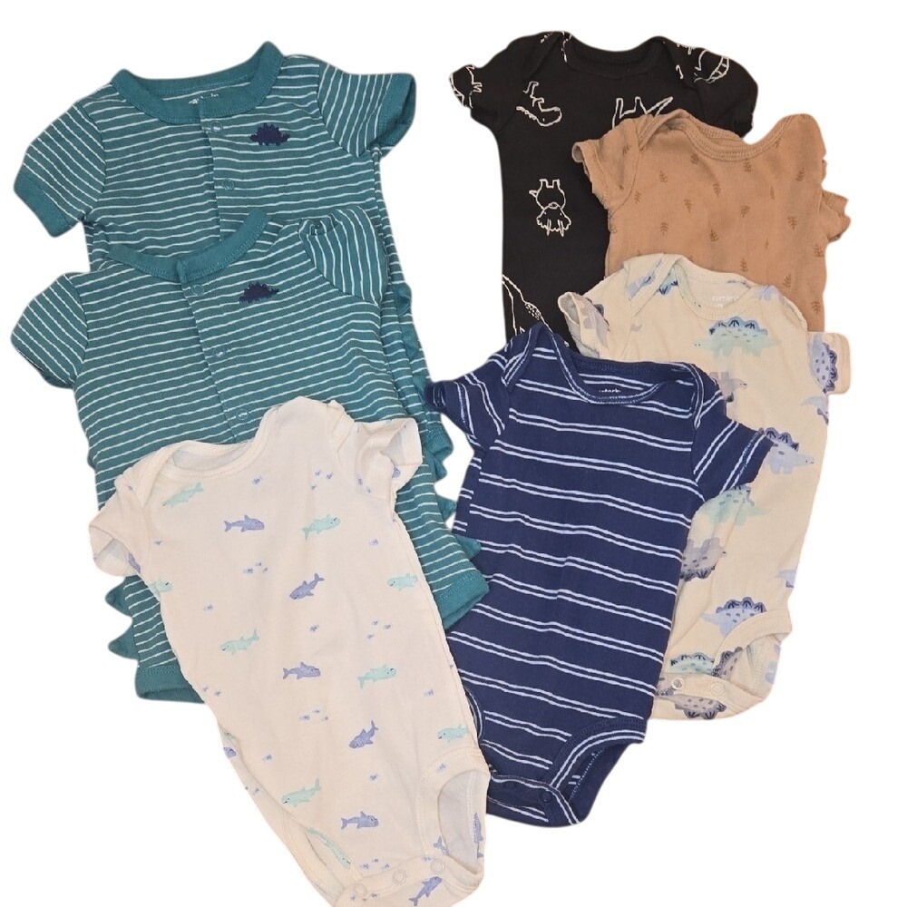 BUNDLE of 7 Carter's Boys Short Sleeve One Piece Romper Bodysuit 3Mo 100% Cotton